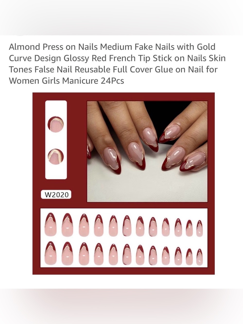 Almond Press on nails medium fake nails with gold curve design red French tip 24